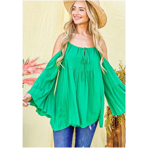 08 Boho Green Cold Shoulder Loose Fit Blouse - Picture 3 of 5